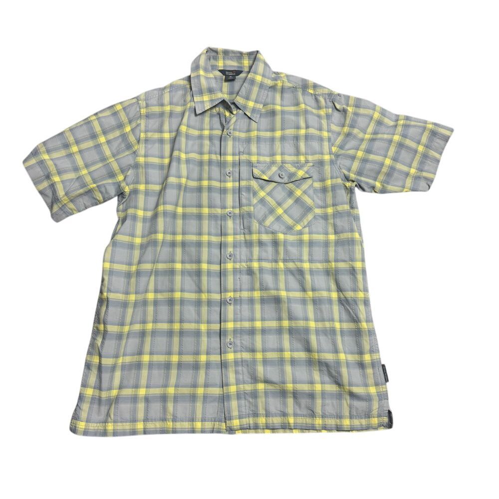 Royal Robbins Mens Medium Yellow Gray Short Sleeve Button Down Plaid Shirt